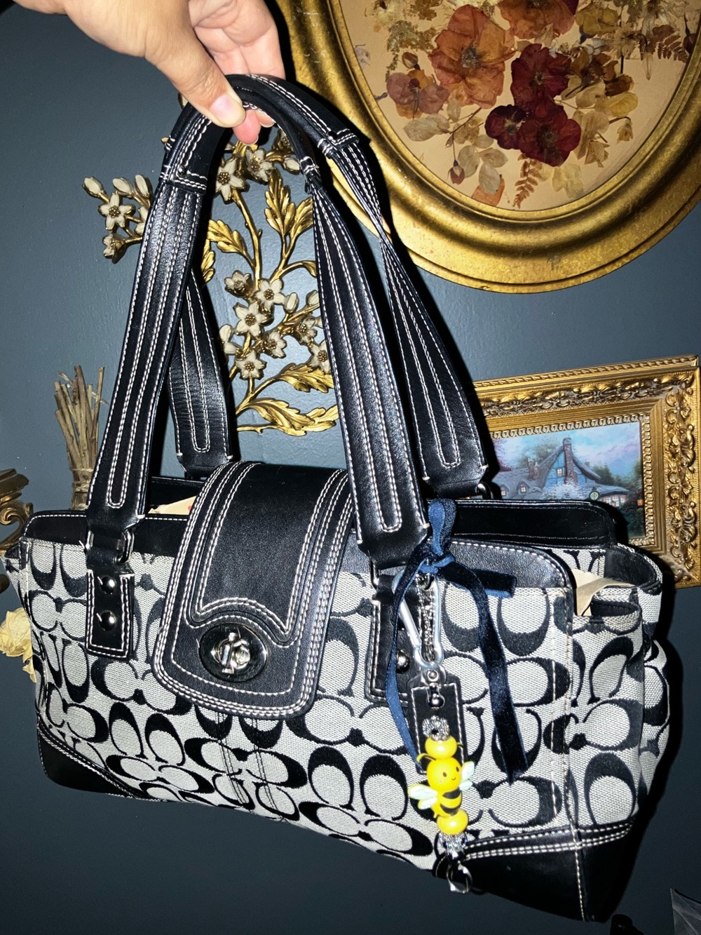 Coach Hamptons Carryall Shoulder Bag Black/ Grey Signature Canvas